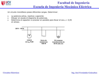 Facultad de Ingeniería
Escuela de Ingeniería Mecánica Eléctrica
Circuitos Eléctricos Ing. José Fernández Goicochea
Un circuito monofásico posee diferentes cargas. Determinar:
 La potencia activa, reactiva y aparente.
 Dibujar en escala el diagrama de potencias.
 Determine el capacitor a conectar en paralelo para llevar el cos j = 0,95
en atraso.
2100 W
cos jM =0,68
Horno de
resistencias
1500 W
30 Lámparas
incandescentes de
40 W cada una
M

220 V – 50 Hz
 