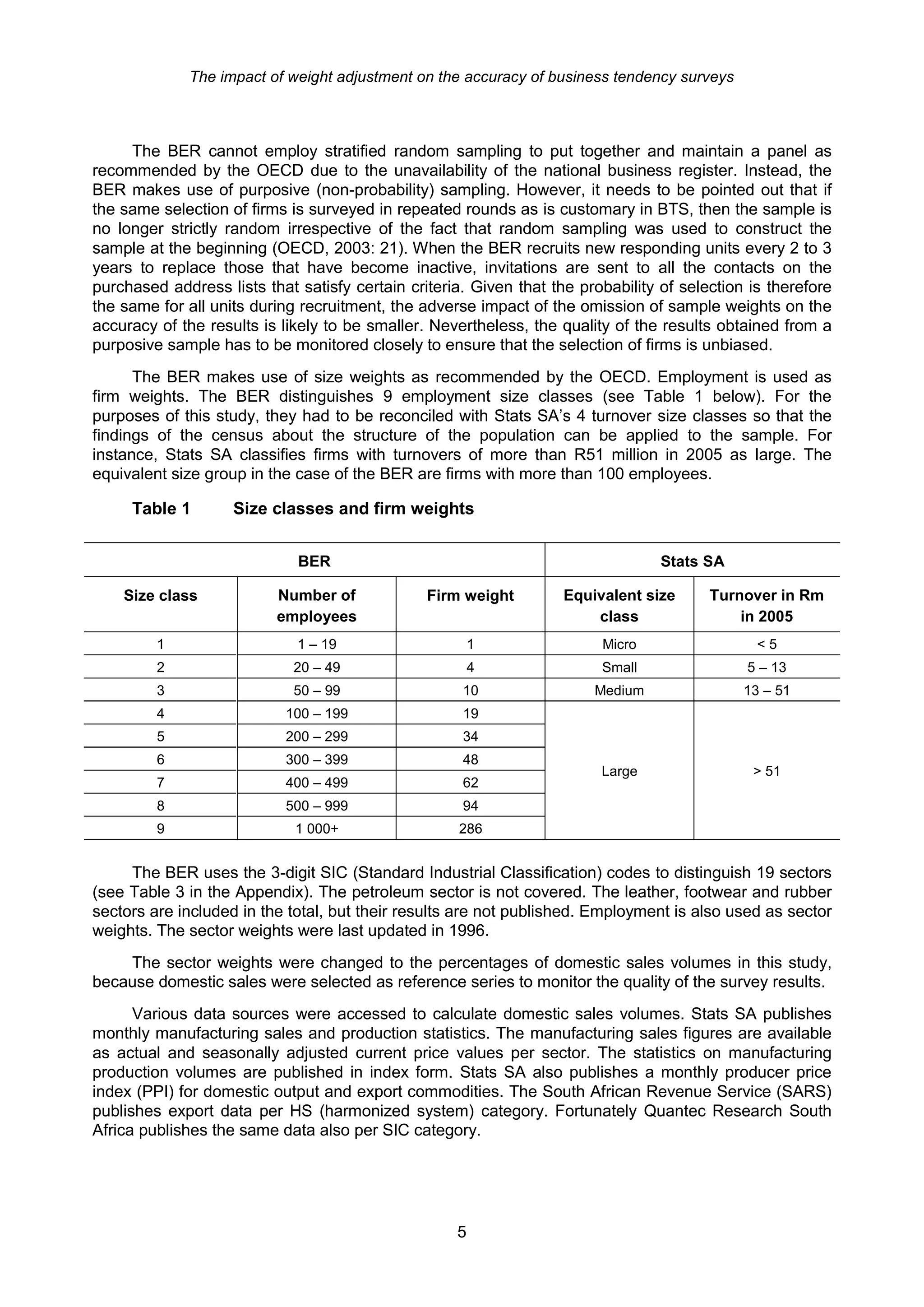 The impact of weight adjustment on the accuracy of business tendency surveys



     The BER cannot employ stratified random sampling to put together and maintain a panel as
recommended by the OECD due to the unavailability of the national business register. Instead, the
BER makes use of purposive (non-probability) sampling. However, it needs to be pointed out that if
the same selection of firms is surveyed in repeated rounds as is customary in BTS, then the sample is
no longer strictly random irrespective of the fact that random sampling was used to construct the
sample at the beginning (OECD, 2003: 21). When the BER recruits new responding units every 2 to 3
years to replace those that have become inactive, invitations are sent to all the contacts on the
purchased address lists that satisfy certain criteria. Given that the probability of selection is therefore
the same for all units during recruitment, the adverse impact of the omission of sample weights on the
accuracy of the results is likely to be smaller. Nevertheless, the quality of the results obtained from a
purposive sample has to be monitored closely to ensure that the selection of firms is unbiased.
      The BER makes use of size weights as recommended by the OECD. Employment is used as
firm weights. The BER distinguishes 9 employment size classes (see Table 1 below). For the
purposes of this study, they had to be reconciled with Stats SA’s 4 turnover size classes so that the
findings of the census about the structure of the population can be applied to the sample. For
instance, Stats SA classifies firms with turnovers of more than R51 million in 2005 as large. The
equivalent size group in the case of the BER are firms with more than 100 employees.

     Table 1        Size classes and firm weights


                             BER                                                  Stats SA

    Size class            Number of             Firm weight         Equivalent size      Turnover in Rm
                          employees                                     class                in 2005
         1                   1 – 19                     1                Micro                  <5
         2                   20 – 49                    4                Small                5 – 13
         3                   50 – 99                 10                 Medium                13 – 51
         4                 100 – 199                 19
         5                 200 – 299                 34
         6                 300 – 399                 48
                                                                         Large                 > 51
         7                 400 – 499                 62
         8                 500 – 999                 94
         9                   1 000+                  286


     The BER uses the 3-digit SIC (Standard Industrial Classification) codes to distinguish 19 sectors
(see Table 3 in the Appendix). The petroleum sector is not covered. The leather, footwear and rubber
sectors are included in the total, but their results are not published. Employment is also used as sector
weights. The sector weights were last updated in 1996.
    The sector weights were changed to the percentages of domestic sales volumes in this study,
because domestic sales were selected as reference series to monitor the quality of the survey results.
      Various data sources were accessed to calculate domestic sales volumes. Stats SA publishes
monthly manufacturing sales and production statistics. The manufacturing sales figures are available
as actual and seasonally adjusted current price values per sector. The statistics on manufacturing
production volumes are published in index form. Stats SA also publishes a monthly producer price
index (PPI) for domestic output and export commodities. The South African Revenue Service (SARS)
publishes export data per HS (harmonized system) category. Fortunately Quantec Research South
Africa publishes the same data also per SIC category.




                                                    5
 