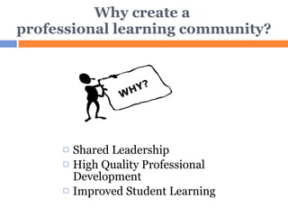 Why create a  professional learning community? Shared Leadership High Quality Professional Development Improved Student Learning WHY? 