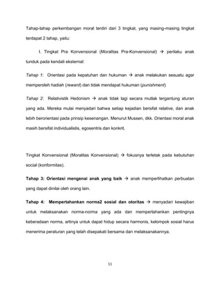 11
Tahap-tahap perkembangan moral terdiri dari 3 tingkat, yang masing-masing tingkat
terdapat 2 tahap, yaitu:
I. Tingkat Pra Konvensional (Moralitas Pra-Konvensional)  perilaku anak
tunduk pada kendali eksternal:
Tahap 1: Orientasi pada kepatuhan dan hukuman  anak melakukan sesuatu agar
memperoleh hadiah (reward) dan tidak mendapat hukuman (punishment)
Tahap 2: Relativistik Hedonism  anak tidak lagi secara mutlak tergantung aturan
yang ada. Mereka mulai menyadari bahwa setiap kejadian bersifat relative, dan anak
lebih berorientasi pada prinsip kesenangan. Menurut Mussen, dkk. Orientasi moral anak
masih bersifat individualistis, egosentris dan konkrit.
Tingkat Konvensional (Moralitas Konvensional)  fokusnya terletak pada kebutuhan
social (konformitas).
Tahap 3: Orientasi mengenai anak yang baik  anak memperlihatkan perbuatan
yang dapat dinilai oleh orang lain.
Tahap 4: Mempertahankan norma2 sosial dan otoritas  menyadari kewajiban
untuk melaksanakan norma-norma yang ada dan mempertahankan pentingnya
keberadaan norma, artinya untuk dapat hidup secara harmonis, kelompok sosial harus
menerima peraturan yang telah disepakati bersama dan melaksanakannya.
 