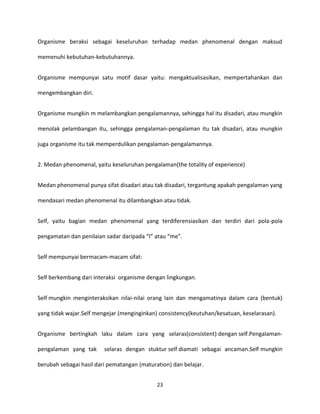 23
Organisme beraksi sebagai keseluruhan terhadap medan phenomenal dengan maksud
memenuhi kebutuhan-kebutuhannya.
Organisme mempunyai satu motif dasar yaitu: mengaktualisasikan, mempertahankan dan
mengembangkan diri.
Organisme mungkin m melambangkan pengalamannya, sehingga hal itu disadari, atau mungkin
menolak pelambangan itu, sehingga pengalaman-pengalaman itu tak disadari, atau mungkin
juga organisme itu tak memperdulikan pengalaman-pengalamannya.
2. Medan phenomenal, yaitu keseluruhan pengalaman(the totality of experience)
Medan phenomenal punya sifat disadari atau tak disadari, tergantung apakah pengalaman yang
mendasari medan phenomenal itu dilambangkan atau tidak.
Self, yaitu bagian medan phenomenal yang terdiferensiasikan dan terdiri dari pola-pola
pengamatan dan penilaian sadar daripada “I” atau “me”.
Self mempunyai bermacam-macam sifat:
Self berkembang dari interaksi organisme dengan lingkungan.
Self mungkin menginteraksikan nilai-nilai orang lain dan mengamatinya dalam cara (bentuk)
yang tidak wajar.Self mengejar (menginginkan) consistency(keutuhan/kesatuan, keselarasan).
Organisme bertingkah laku dalam cara yang selaras(consistent) dengan self.Pengalaman-
pengalaman yang tak selaras dengan stuktur self diamati sebagai ancaman.Self mungkin
berubah sebagai hasil dari pematangan (maturation) dan belajar.
 