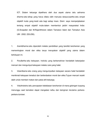 41
ICT. Sistem keluarga dipelihara oleh dua aspek utama iaitu ashrama
dharma iaitu tahap yang harus dilalui oleh manusia danpurusartha iaitu empat
objektif mulia yang mesti ada bagi setiap insan. Disini saya memperjelaskan
tentang empat objektif mulia dalam membentuk jatidiri masyarakat India:
(G.Sivapalan dan M.Rajanthheran dalam Tamadun Islam dan Tamadun Asia
UM : 2002: 255-256).
1. Aramldharma iaitu diperolehi melalui pendidikan yang bersifat kerohanian yang
mementingkan moral dan etika ianya merupakan objektif yang utama dalam
kehidupan ini.
2. Porullartha iaitu kekayaan. Individu yang berkemahiran hendaklah bekerjadan
mencari dan mengumpul kekayaan melalui cara yang halal.
3. Inbamlkama iaitu orang yang mengumpulkan kekayaan secara halal hendaklah
menikmati kekayaan tersebut dan berlandaskan moral dan etika.Tujuan mencari rezeki
ialah untuk memberi makan dan pakai ahli keluarga.
4. Vidulmoksha iaitu pencapaian kebebasan kerohanian di mana golongan tuayang
menunggu saat kematian dapat mengatasi nafsu dan keinginan terutama perkara-
perkara duniawi.
 