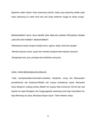 52
dijalankan dalam kitaran hidup seseorang individu, tetapi yang terpenting adalah pada
masa seseorang itu masih kecil iaitu dari tahap kelahiran hingga ke tahap remaja.
MENGHORMATI NILAI- NILAI MURNI DAN AMALAN AJARAN PPELBAGAI AGAMA
LAIN CIRI CIRI HORMAT- MENGHORMATI
Bekerjasama tanpa mengira mengira kaum, agama, darjat, harta dan pangkat
Memberi layanan mesra, sopan dan memberi penghormatan kepada orang lain
Menghargai budi, jasa, pendapat dan kebolehan orang lain
CARA- CARA MENGAMALKAN AMALAN
Tidak memperkecilkan/merendah-rendahkan kebolehan orang lain . Mewujudkan
persefahaman dan kerjasama Melatih dari supaya berkelakuan sopan . Menyedari
hidup dilingkumi undang-undang .Melatih diri supaya tidak emosional .Hormat dan taat
kepada ibu bapa Kewajipan dan tanggungjawab seseorang anak bagi memuliakan ibu
bapa.Menolong ibu bapa ,Bercakap dengan sopan .Tidak melawan cakap
 