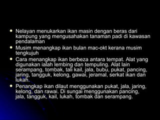 Nelayan menukarkan ikan masin dengan beras dari kampung yang mengusahakan tanaman padi di kawasan pendalaman Musim menangkap ikan bulan mac-okt kerana musim tengkujuh Cara menangkap ikan berbeza antara tempat. Alat yang digunakan ialah lembing dan tempuling. Alat lain serampang, tombak, tali kail, jala, bubu, pukat, pancing, jaring, tangguk, kelong, gawai, jeramal, serkat ikan dan lukah. Penangkap ikan dilaut menggunakan pukat, jala, jaring, kelong, dan rawai. Di sungai menggunakan pancing, jala, tangguk, kail, lukah, tombak dan serampang. 