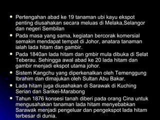 Pertengahan abad ke 19 tanaman ubi kayu ekspot penting diusahakan secara meluas di Melaka,Selangor dan negeri Sembilan Pada masa yang sama, kegiatan bercorak komersial semakin mendapat tempat di Johor, anatara tanaman ialah lada hitam dan gambir.  Pada 1840an lada hitam dan gmbir mula dibuka di Selat Teberau. Sehingga awal abad ke 20 lada hitam dan gambir menjadi ekspot utama johor. Sistem Kangchu yang diperkenalkan oleh Temenggung Ibrahim dan dimajukan oleh Sultan Abu Bakar. Lada hitam juga diusahakan di Sarawak di Kuching Serian dan Sarikei-Marabong Tahun 1876 konsesi tanah diberi pada orang Cina untuk mengusahakan tanaman lada hitam menyebabkan Sarawak menjadi pengeluar dan pengekspot lada hitam terbesar di dunia. 