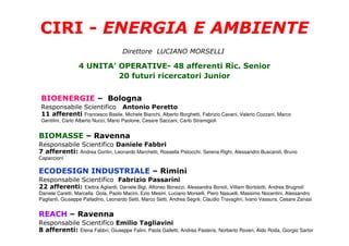 CIRI - ENERGIA E AMBIENTE
                                      Direttore LUCIANO MORSELLI

                  4 UNITA’ OPERATIVE- 48 afferenti Ric. Senior
                           20 futuri ricercatori Junior


 BIOENERGIE – Bologna
 Responsabile Scientifico Antonio Peretto
 11 afferenti Francesco Basile, Michele Bianchi, Alberto Borghetti, Fabrizio Cavani, Valerio Cozzani, Marco
 Gentilini, Carlo Alberto Nucci, Mario Paolone, Cesare Saccani, Carlo Stramigioli


BIOMASSE – Ravenna
Responsabile Scientifico Daniele Fabbri
7 afferenti: Andrea Contin, Leonardo Marchetti, Rossella Pistocchi, Serena Righi, Alessandro Buscaroli, Bruno
Capaccioni

ECODESIGN INDUSTRIALE – Rimini
Responsabile Scientifico Fabrizio Passarini
22 afferenti: Elettra Agliardi, Daniele Bigi, Alfonso Bonezzi, Alessandra Bonoli, Villiam Bortolotti, Andrea Brugnoli
Daniele Caretti, Marcella Gola, Paolo Macini, Ezio Mesini, Luciano Morselli, Piero Nasuelli, Massimo Nocentini, Alessandro
Paglianti, Giuseppe Palladino, Leonardo Setti, Marco Setti, Andrea Segrè, Claudio Travaglini, Ivano Vassura, Cesare Zanasi


REACH – Ravenna
Responsabile Scientifico Emilio Tagliavini
8 afferenti: Elena Fabbri, Giuseppe Falini, Paola Galletti, Andrea Pasteris, Norberto Roveri, Aldo Roda, Giorgio Sartor
 