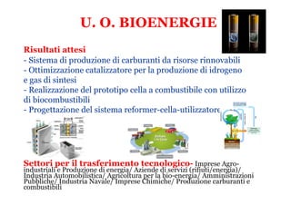 U. O. BIOENERGIE
Risultati attesi
- Sistema di produzione di carburanti da risorse rinnovabili
- Ottimizzazione catalizzatore per la produzione di idrogeno
e gas di sintesi
- Realizzazione del prototipo cella a combustibile con utilizzo
di biocombustibili
- Progettazione del sistema reformer-cella-utilizzatore




Settori per il trasferimento tecnologico- Imprese Agro-
industriali e Produzione di energia/ Aziende di servizi (rifiuti/energia)/
Industria Automobilistica/ Agricoltura per la bio-energia/ Amministrazioni
Pubbliche/ Industria Navale/ Imprese Chimiche/ Produzione carburanti e
combustibili
 