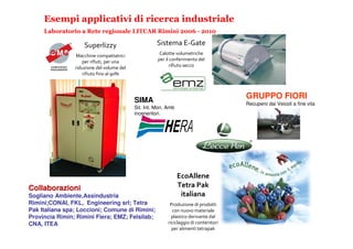Esempi applicativi di ricerca industriale
     Laboratorio a Rete regionale LITCAR Rimini 2006 - 2010

                    Superlizzy                       Sistema E-Gate
                Macchine compattatrici                Calotte volumetriche
                   per rifiuti, per una              per il conferimento del
                riduzione del volume del                    rifiuto secco
                    rifiuto fino al 90%




                                           SIMA
                                                                                       GRUPPO FIORI
                                                                                       Recupero dai Veicoli a fine vita
                                           Sit. Int. Mon. Amb
                                           inceneritori.




                                                                EcoAllene
Collaborazioni                                                  Tetra Pak
Sogliano Ambiente,Assindustria                                   italiana
Rimini;CONAI, FKL, Engineering srl; Tetra                  Produzione di prodotti
Pak Italiana spa; Loccioni; Comune di Rimini;               con nuovo materiale
Provincia Rimin; Rimini Fiera; EMZ; Felsilab;               plastico derivante dal
CNA, ITEA                                                 riciclaggio di contenitori
                                                            per alimenti tetrapak
 