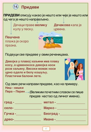 17
Pridevi14.
De~aci prave veliku
kulu u pesku.
De~akova kapa je
crvena.
Pe{~ana
pla`a je skoro
prazna.
Podvuci sve prideve u ovim re~enicama.
Devojka u plavoj haqini ima plavu
kosu, a crvenokosa devojka nosi
roze haqinu. Visoki momak nosi
crno odelo i belu ko{uqu.
Plasti~ni baloni lete.
Od ovih re~i napravi prideve, kao na primeru.
Ni{ - ni{ki
Pera – Perin (Velikim po~etnim slovom se pi{e
pridev nastao od li~nog imena).
grad - ________________
selo- ________________
Gr~ka -_______________
drvo-________________
metal - _________________
Marko - __________________
Beograd -________________
Ivana -__________________
PRIDEVI opisuju kakvo je ne{to ili ~ije je ne{to ili
od ~ega je ne{to napravqeno.
 