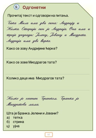 12
Odgonetni9.
Baka Mila ima dva sina: Andriju i
@eqka. Stariji sin je Andrija. Ona ima i
troje unu~adi: Jelenu, Jovanu i Miodraga.
Andrija ima dve }erke.
Pro~itaj tekst i odgovori na pitawa.
@eqko je o`ewen Brankom. Branka je
Miodragova mama.
Kako se zove Miodragov tata?
Koliko dece ima Miodragov tata?
[ta je Branka Jeleni i Jovani?
a) tetka
b) strina
c) ujna
Kako se zovu Andrijine }erke?
 