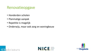 Renovatieopgave
• Honderden scholen
• Planmatige aanpak
• Repetitie is mogelijk
• Onderwijs, maar ook zorg en woningbouw
 