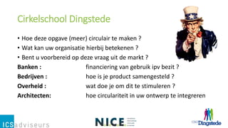 Cirkelschool Dingstede
• Hoe deze opgave (meer) circulair te maken ?
• Wat kan uw organisatie hierbij betekenen ?
• Bent u voorbereid op deze vraag uit de markt ?
Banken : financiering van gebruik ipv bezit ?
Bedrijven : hoe is je product samengesteld ?
Overheid : wat doe je om dit te stimuleren ?
Architecten: hoe circulariteit in uw ontwerp te integreren
 