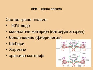 КРВ – крвна плазма
Састав крвне плазме:
• 90% воде
• минералне материје (натријум хлорид)
• беланчевине (фибриноген)
• Шећери
• Хормони
• храњиве материје
 