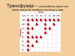 Трансфузија – компатабилне крвне гупе
према присуству посебних супстанци у крви
 