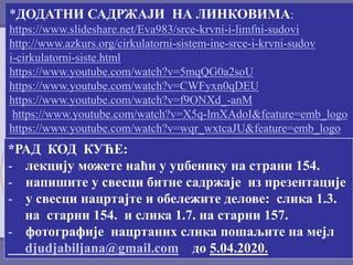 *ДОДАТНИ САДРЖАЈИ НА ЛИНКОВИМА:
https://www.slideshare.net/Eva983/srce-krvni-i-limfni-sudovi
http://www.azkurs.org/cirkulatorni-sistem-ine-srce-i-krvni-sudov
i-cirkulatorni-siste.html
https://www.youtube.com/watch?v=5mqQG0a2soU
https://www.youtube.com/watch?v=CWFyxn0qDEU
https://www.youtube.com/watch?v=f9ONXd_-anM
https://www.youtube.com/watch?v=X5q-lmXAdoI&feature=emb_logo
https://www.youtube.com/watch?v=wqr_wxtcaJU&feature=emb_logo
*РАД КОД КУЋЕ:
- лекцију можете наћи у уџбенику на страни 154.
- напишите у свесци битне садржаје из презентације
- у свесци нацртајте и обележите делове: слика 1.3.
на старни 154. и слика 1.7. на старни 157.
- фотографије нацртаних слика пошаљите на мејл
djudjabiljana@gmail.com до 5.04.2020.
 