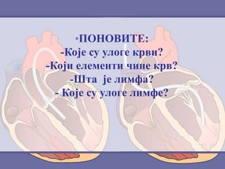 *ПОНОВИТЕ:
-Које су улоге крви?
-Који елементи чине крв?
-Шта је лимфа?
- Које су улоге лимфе?
 