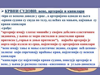  КРВНИ СУДОВИ: вене, артерије и капилари
-крв се венама доводи у срце , а артеријама одводи из њега
-крвни судови су свуда по телу, од већих ка мањим, најмањи су
крвни капилари
-грађа:
*артерије имају глатке мишиће у својим дебелим еластичним
зидовима, у њима се мери систолни и диастолни крвни
притисак („горњи и доњи притисак“), највећа артерија је
аорта која излази из срца, најситнији су артеријски капилари
*вене имају тање и мање елестичне зидове, садрже већ џепове-
залиске који спречавају враћање крви, најситнији су венски
капилари
*капилари сус најситнији крвни судови, повезује артерије и
вене, у њима је размена гасова –кисеоника и угљен-диоксида
 