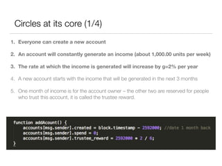 Circles at its core (1/4)
1. Everyone can create a new account
2. An account will constantly generate an income (about 1,000.00 units per week)
3. The rate at which the income is generated will increase by g=2% per year
4. A new account starts with the income that will be generated in the next 3 months
5. One month of income is for the account owner – the other two are reserved for people
who trust this account, it is called the trustee reward.
 