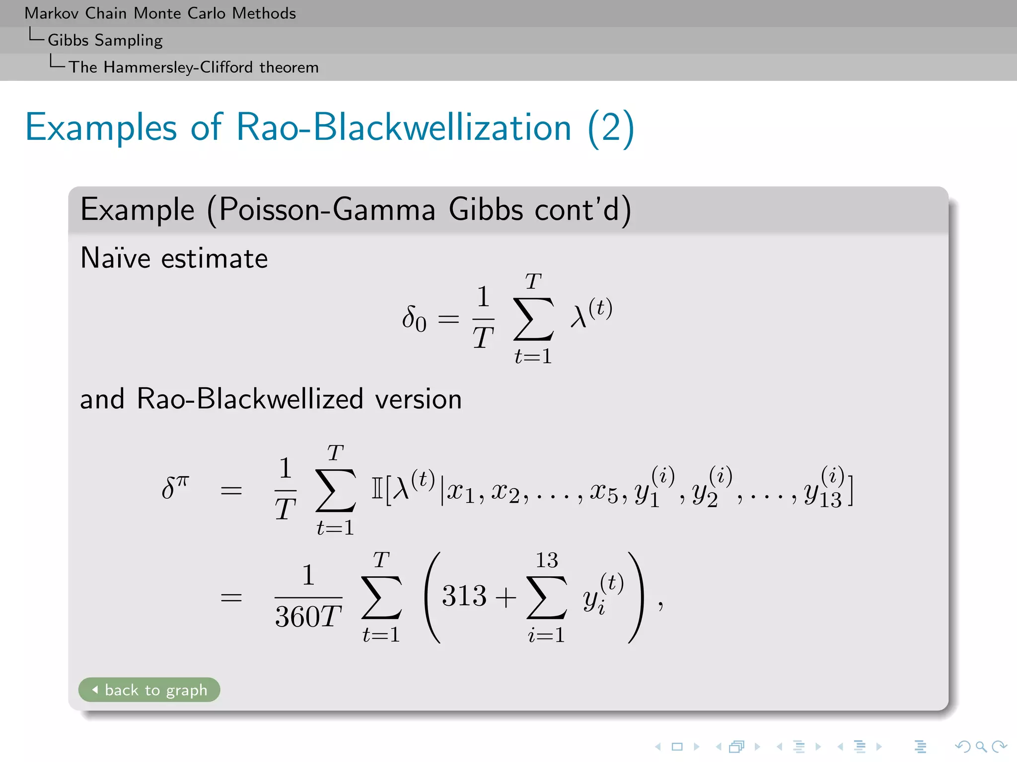 Markov Chain Monte Carlo Methods
Gibbs Sampling
The Hammersley-Cliﬀord theorem
Examples of Rao-Blackwellization (2)
Example (Poisson-Gamma Gibbs cont’d)
Na¨ıve estimate
δ0 =
1
T
T
t=1
λ(t)
and Rao-Blackwellized version
δπ
=
1
T
T
t=1
I[λ(t)
|x1, x2, . . . , x5, y
(i)
1 , y
(i)
2 , . . . , y
(i)
13 ]
=
1
360T
T
t=1
313 +
13
i=1
y
(t)
i ,
back to graph
 