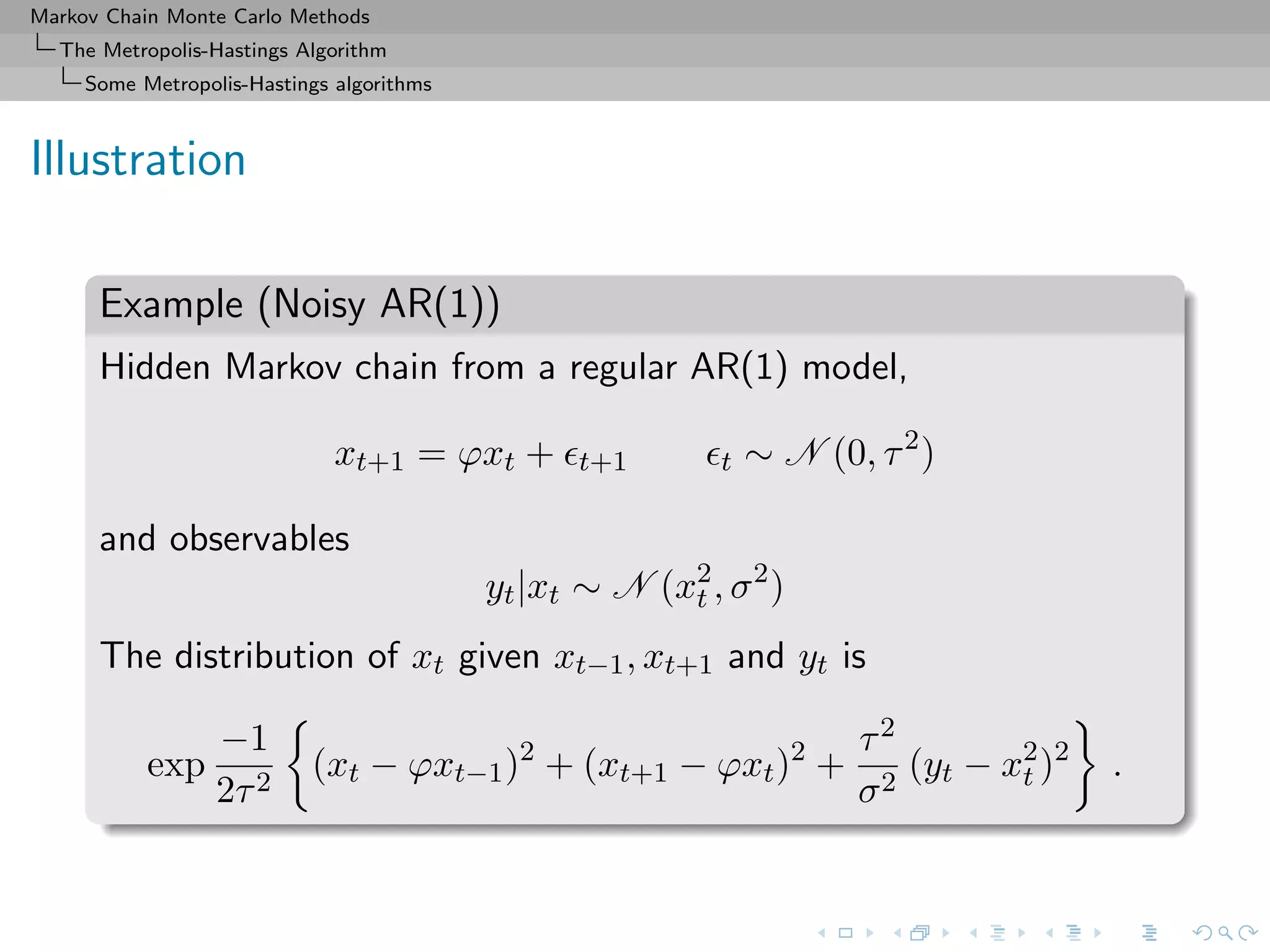 Markov Chain Monte Carlo Methods
The Metropolis-Hastings Algorithm
Some Metropolis-Hastings algorithms
Illustration
Example (Noisy AR(1))
Hidden Markov chain from a regular AR(1) model,
xt+1 = ϕxt + t+1 t ∼ N (0, τ2
)
and observables
yt|xt ∼ N (x2
t , σ2
)
The distribution of xt given xt−1, xt+1 and yt is
exp
−1
2τ2
(xt − ϕxt−1)2
+ (xt+1 − ϕxt)2
+
τ2
σ2
(yt − x2
t )2
.
 