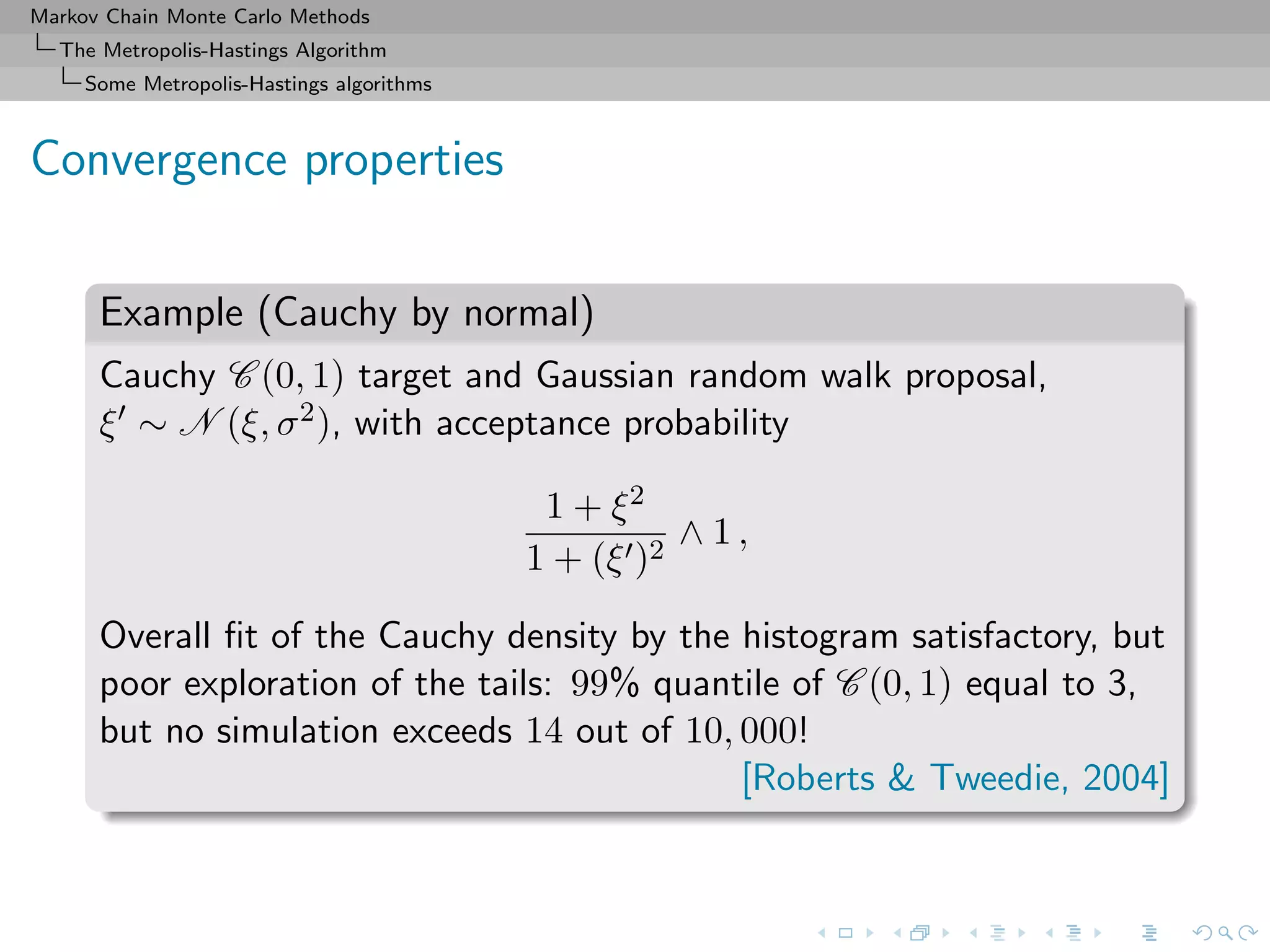 Markov Chain Monte Carlo Methods
The Metropolis-Hastings Algorithm
Some Metropolis-Hastings algorithms
Convergence properties
Example (Cauchy by normal)
Cauchy C (0, 1) target and Gaussian random walk proposal,
ξ ∼ N (ξ, σ2), with acceptance probability
1 + ξ2
1 + (ξ )2
∧ 1 ,
Overall ﬁt of the Cauchy density by the histogram satisfactory, but
poor exploration of the tails: 99% quantile of C (0, 1) equal to 3,
but no simulation exceeds 14 out of 10, 000!
[Roberts & Tweedie, 2004]
 