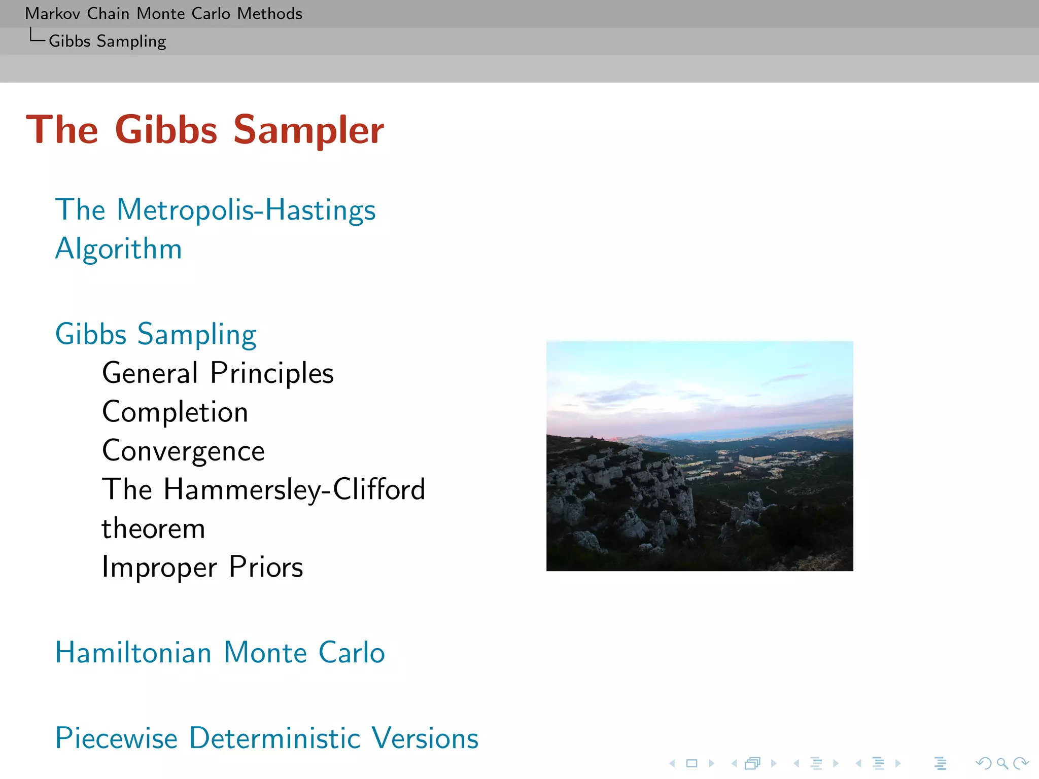 Markov Chain Monte Carlo Methods
Gibbs Sampling
The Gibbs Sampler
The Metropolis-Hastings
Algorithm
Gibbs Sampling
General Principles
Completion
Convergence
The Hammersley-Cliﬀord
theorem
Improper Priors
Hamiltonian Monte Carlo
Piecewise Deterministic Versions
 