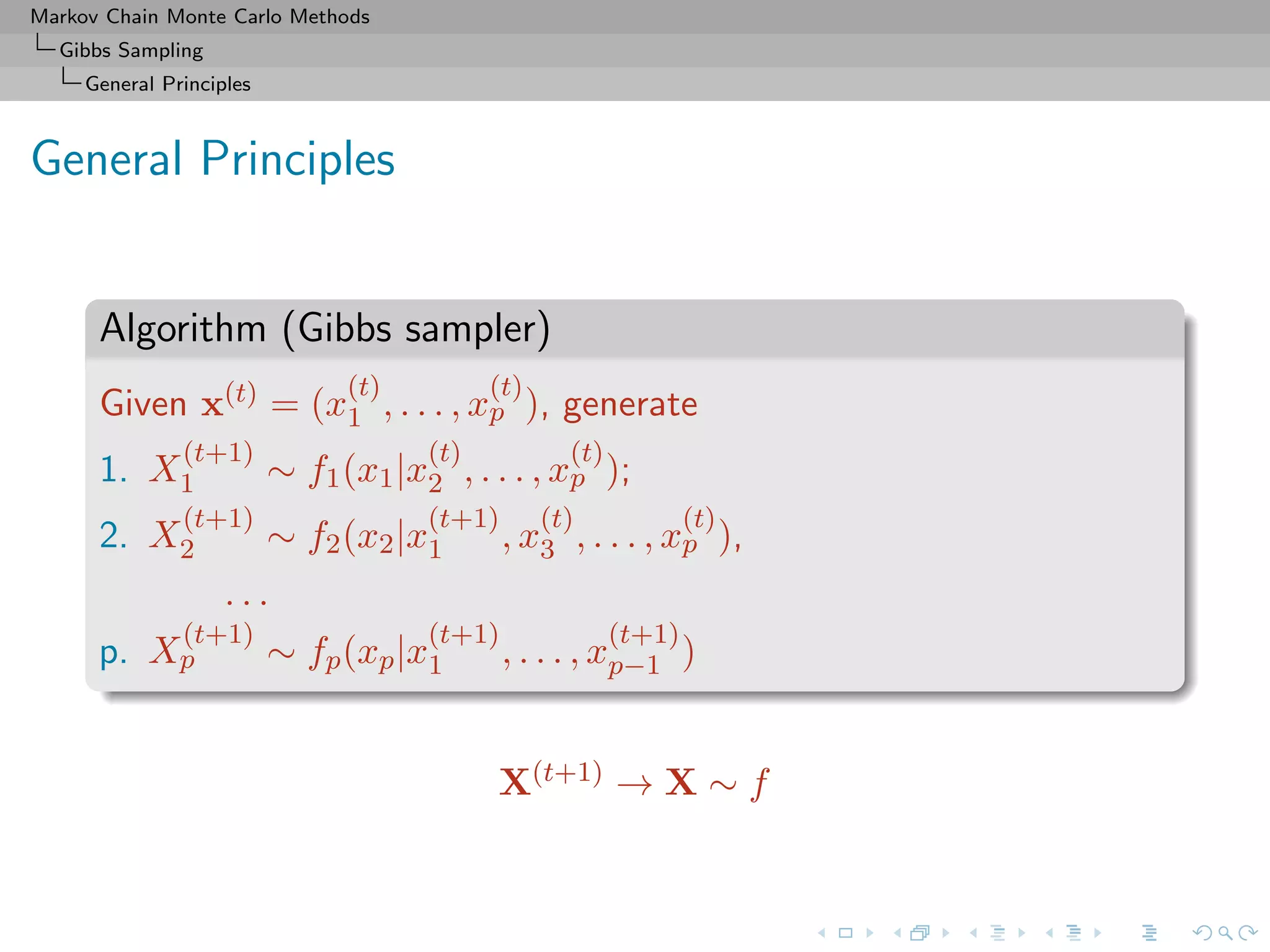 Markov Chain Monte Carlo Methods
Gibbs Sampling
General Principles
General Principles
Algorithm (Gibbs sampler)
Given x(t) = (x
(t)
1 , . . . , x
(t)
p ), generate
1. X
(t+1)
1 ∼ f1(x1|x
(t)
2 , . . . , x
(t)
p );
2. X
(t+1)
2 ∼ f2(x2|x
(t+1)
1 , x
(t)
3 , . . . , x
(t)
p ),
. . .
p. X
(t+1)
p ∼ fp(xp|x
(t+1)
1 , . . . , x
(t+1)
p−1 )
X(t+1) → X ∼ f
 