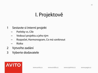 38




                        I. Projektově

1     Sestavte si interní projekt
     –    Potřeby vs. Cíle
     –    Vedoucí projektu a jeho tým
     –    Rozpočet, Harmonogram, Co má vzniknout
     –    Rizika
2     Vytvořte zadání
3     Vyberte dodavatele
 