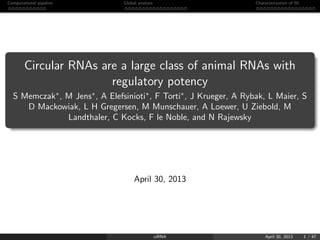 Computational pipeline Global analysis Characterization of 50
Circular RNAs are a large class of animal RNAs with
regulatory potency
S Memczak∗
, M Jens∗
, A Elefsinioti∗
, F Torti∗
, J Krueger, A Rybak, L Maier, S
D Mackowiak, L H Gregersen, M Munschauer, A Loewer, U Ziebold, M
Landthaler, C Kocks, F le Noble, and N Rajewsky
April 30, 2013
ciRNA April 30, 2013 1 / 47
 