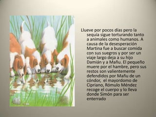 Llueve por pocos días pero la
sequía sigue torturando tanto
a animales como humanos. A
causa de la desesperación
Martina fue a buscar comida
con sus suegros y por ser un
viaje largo deja a su hijo
Damián y a Mañu. El pequeño
muere por el hambre, pero sus
restos son valientemente
defendidos por Mañu de un
cóndor, el mayordomo de
Cipriano, Rómulo Méndez
recoge el cuerpo y lo lleva
donde Simón para ser
enterrado

 