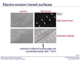 Electro-erosion honed surfaces
ground

EE-honed
200 µm

high speed steel

cemented carbide

extensive in-feed of cutting edge into
counterface (wear ratio ~ 0.01)
16/20
Electro-erosion edge honing of cutting tools
N.Z. Yussefian, P. Koshy, S. Buchholz, F. Klocke

60th CIRP General Assembly
Pisa, August 25, 2010

 