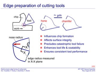 Edge preparation of cutting tools
~ µm

chip

tool

hone

chamfer

work

Influences chip formation
Affects surface integrity
Precludes catastrophic tool failure
Enhances tool life & coatability
Ensures consistent tool performance

nose radius

X

X

edge radius measured
in X-X plane
2/20
Electro-erosion edge honing of cutting tools
N.Z. Yussefian, P. Koshy, S. Buchholz, F. Klocke

60th CIRP General Assembly
Pisa, August 25, 2010

 
