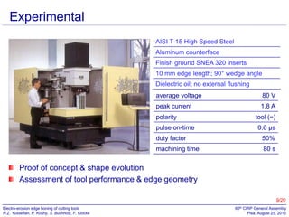 Experimental
AISI T-15 High Speed Steel
Aluminum counterface
Finish ground SNEA 320 inserts
10 mm edge length; 90° wedge angle
Dielectric oil; no external flushing

average voltage

80 V

peak current

1.8 A

polarity
pulse on-time

tool (−)
0.6 µs

duty factor

50%

machining time

80 s

Proof of concept & shape evolution
Assessment of tool performance & edge geometry
9/20
Electro-erosion edge honing of cutting tools
N.Z. Yussefian, P. Koshy, S. Buchholz, F. Klocke

60th CIRP General Assembly
Pisa, August 25, 2010

 