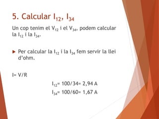 5. Calcular I12, I34
Un cop tenim el V12 i el V34, podem calcular
la I12 i la I34.
 Per calcular la I12 i la I34 fem servir la llei
d’ohm.
I= V/R
I12= 100/34= 2,94 A
I34= 100/60= 1,67 A
 