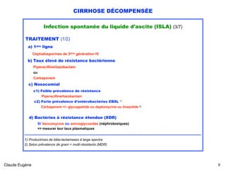 CIRRHOSE DÉCOMPENSÉE
Infection spontanée du liquide d'ascite (ISLA) (3/7)
TRAITEMENT (1/2)
a) 1ère ligne
Céphalosporines de 3ème génération IV
b) Taux élevé de résistance bactérienne 
Piperacilline/tazobactam 
ou
Carbapenem
c) Nosocomial
c1) Faible prévalence de résistance  
Piperacilline/tazobactam
c2) Forte prévalence d'entérobactéries EBSL 1)
Carbapenem +/- glycoppetide ou daptomycine ou linezolide 2)
d) Bactéries à résistance étendue (XDR) 
Si Vancomycine ou aminoglycosides (néphrotoxiques) 
=> mesurer leur taux plasmatiques
.......................................................................................................................................................... 
1) Productrices de bêta-lactamases à large spectre
2) Selon prévalence de gram + multi-résistants (MDR)
Claude Eugène !6
 