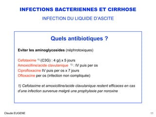 INFECTIONS BACTERIENNES ET CIRRHOSE
INFECTION DU LIQUIDE D’ASCITE
Quels antibiotiques ?
Eviter les aminoglycosides (néphrotoxiques)
Cefotaxime 1) (C3G) : 4 g/j x 5 jours
Amoxicilline/acide clavulanique 1) : IV puis per os
Ciprofloxacine IV puis per os x 7 jours
Ofloxacine per os (infection non compliquée)
1) Cefotaxime et amoxicilline/acide clavulanique restent efficaces en cas
d’une infection survenue malgré une prophylaxie par noroxine
Claude EUGENE 11
 