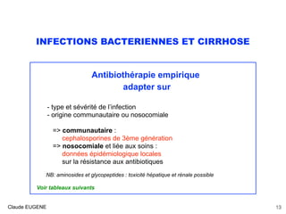 INFECTIONS BACTERIENNES ET CIRRHOSE
Antibiothérapie empirique
adapter sur
- type et sévérité de l’infection
- origine communautaire ou nosocomiale
=> communautaire :  
cephalosporines de 3ème génération
=> nosocomiale et liée aux soins :  
données épidémiologique locales 
sur la résistance aux antibiotiques 
NB: aminosides et glycopeptides : toxicité hépatique et rénale possible
Voir tableaux suivants
Claude EUGENE 13
 