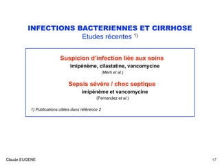 INFECTIONS BACTERIENNES ET CIRRHOSE
Etudes récentes 1)
Suspicion d’infection liée aux soins
imipénème, cilastatine, vancomycine
(Merli et al.)
Sepsis sévère / choc septique
imipénème et vancomycine
(Fernandez et al.)
1) Publications citées dans référence 2
Claude EUGENE 17
 
