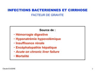 INFECTIONS BACTERIENNES ET CIRRHOSE
FACTEUR DE GRAVITE
Source de :
• Hémorragie digestive
• Hyponatrémie hypovolémique
• Insuffisance rénale
• Encéphalopathie hépatique
• Acute on chronic liver failure
• Mortalité
Claude EUGENE 2
 