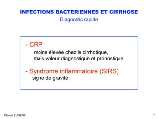 INFECTIONS BACTERIENNES ET CIRRHOSE
Diagnostic rapide
- CRP
moins élevée chez le cirrhotique,  
mais valeur diagnostique et pronostique
- Syndrome inflammatoire (SIRS)
signe de gravité
Claude EUGENE 7
 