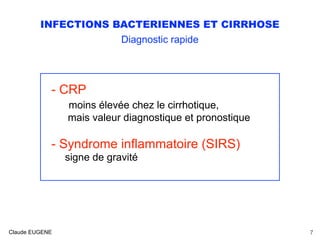 INFECTIONS BACTERIENNES ET CIRRHOSE
Diagnostic rapide
- CRP
moins élevée chez le cirrhotique,  
mais valeur diagnostique e...