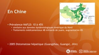 En Chine
• Prévalence NAFLD: 10 à 45%
• similaire aux données épidémiologiques Amérique du Nord
• Traitements médicamenteux 48 milliards de yuans, augmentation 8%
• 2005 Distomatose hépatique (Guangzhou, Guangxi, Jilin)
 