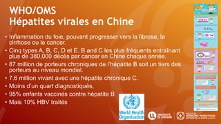 WHO/OMS
Hépatites virales en Chine
• Inflammation du foie, pouvant progresser vers la fibrose, la
cirrhose ou le cancer.
• Cinq types A, B, C, D et E. B and C les plus fréquents entraînant
plus de 380,000 décès par cancer en Chine chaque année.
• 87 million de porteurs chroniques de l’hépatite B soit un tiers des
porteurs au niveau mondial.
• 7.6 million vivant avec une hépatite chronique C.
• Moins d’un quart diagnostiqués,
• 95% enfants vaccinés contre hépatite B
• Mais 10% HBV traités
 