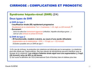 CIRRHOSE : COMPLICATIONS ET PRONOSTIC
Syndrome hépato-rénal (SHR) (2/4)
Deux types de SHR
a) SHR de type 1 
- Insuffisance...
