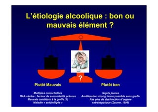 L’étiologie alcoolique : bon ou
mauvais élément ?
Plutôt Mauvais
Multiples comorbidités
HAA sévère : facteur de surmortalité précoce
Mauvais candidats à la greffe (?)
Maladie « autoinfligée »
Plutôt bon
Sujets jeunes
Amélioration à long terme possible sans greffe
Pas plus de dysfonction d’organe
extrahépatique (Zauner, 1999)
?
 