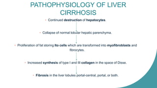 PATHOPHYSIOLOGY OF LIVER
CIRRHOSIS
• Continued destruction of hepatocytes.
• Collapse of normal lobular hepatic parenchyma.
• Proliferation of fat storing Ito cells which are transformed into myofibroblasts and
fibrocytes.
• Increased synthesis of type I and III collagen in the space of Disse.
• Fibrosis in the liver lobules portal-central, portal, or both.
 