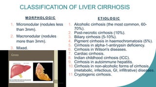 CLASSIFICATION OF LIVER CIRRHOSIS
MOR PH OLOGIC
1. Micronodular (nodules less
than 3mm).
2. Macronodular (nodules
more than 3mm).
3. Mixed.
ETIOLOGIC
1. Alcoholic cirrhosis (the most common, 60-
70%).
2. Post-necrotic cirrhosis (10%).
3. Biliary cirrhosis (5-10%).
4. Pigment cirrhosis in haemochromatosis (5%).
5. Cirrhosis in alpha-1-antirypsin deficiency.
6. Cirrhosis in Wilson's diseases.
7. Cardiac cirrhosis.
8. Indian childhood cirrhosis (ICC).
9. Cirrhosis in autoimmune hepatitis.
10.Cirrhosis in non-alcoholic forms of cirrhosis
(metabolic, infectious, GI, infiltrative) diseases.
11.Cryptogenic cirrhosis.
 