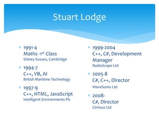 Stuart Lodge

 1991-4                          1999-2004
  Maths -1st Class                 C++, C#, Development
  Sidney Sussex, Cambridge         Manager
 1994-7                           RadioScape Ltd

  C++, VB, AI                     2005-8
  British Maritime Technology      C#, C++, Director
 1997-9                           WaveSonix Ltd
  C++, HTML, JavaScript           2008-
  Intelligent Environments Plc
                                   C#, Director
                                   Cirrious Ltd
 