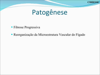 Patogênese Fibrose Progressiva Reorganização da Microestrutura Vascular do Fígado CIRROSE 