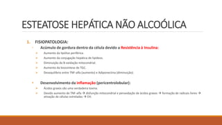 ESTEATOSE HEPÁTICA NÃO ALCOÓLICA
1. FISIOPATOLOGIA:
◦ Acúmulo de gordura dentro da célula devido a Resistência à Insulina:
 Aumento da lipólise periférica.
 Aumento da conjugação hepática de lipídeos.
 Diminuição da B-oxidação mitocondrial.
 Aumento da biossíntese de TGC.
 Desequilíbrio entre TNF-alfa (aumento) e Adiponectina (diminuição).
• Desenvolvimento da inflamação (pericentrolobular):
 Ácidos graxos são uma verdadeira toxina.
 Devido aumento de TNF-alfa  disfunção mitocondrial e peroxidação de ácidos graxos  formação de radicais livres 
ativação de células estreladas  EH.
 